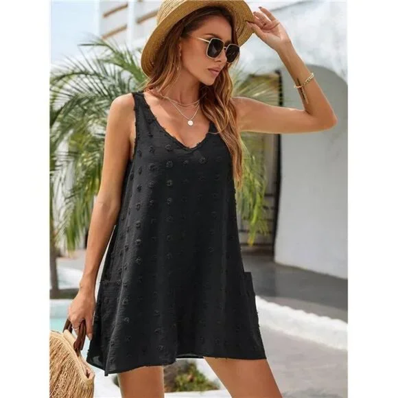 Womens Swiss Polka Dot V Neck Tank Dress Beach Cover Up Pockets Summer Casual - Picture 5 of 6
